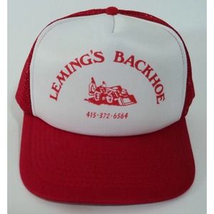 Leming's Backhoe Snapback Mesh Truckers Hat Ball Cap Red and White